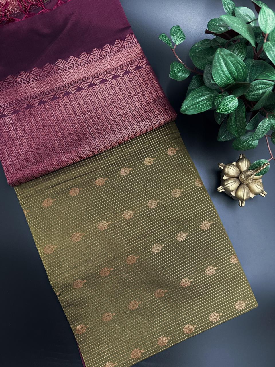 Olive Green Dupion Silk Saree and Green Border with Flower buttas