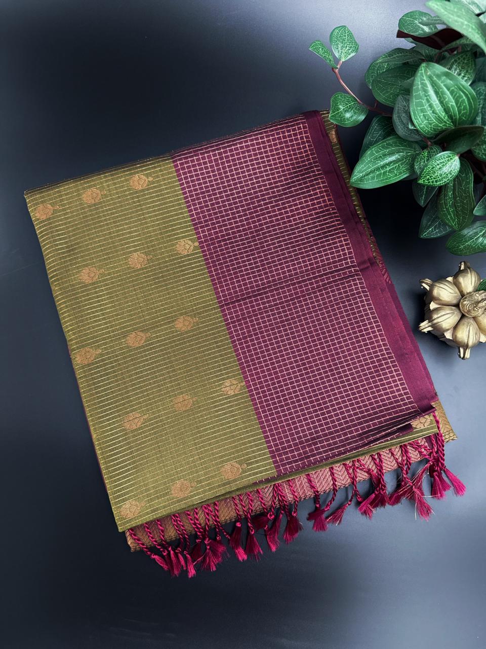 Olive Green Dupion Silk Saree and Green Border with Flower buttas