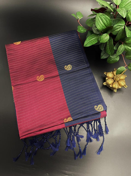Dark Maroon Dupion Silk Saree and Blue Border with Mango buttas