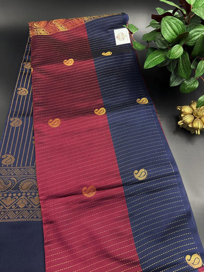 Dark Maroon Dupion Silk Saree and Blue Border with Mango buttas