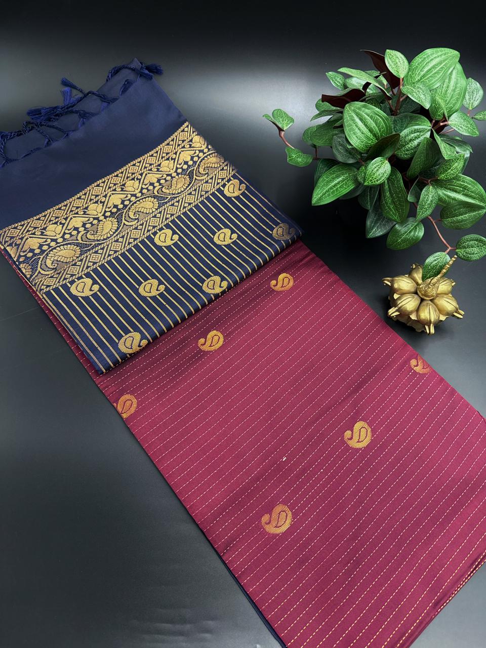 Dark Maroon Dupion Silk Saree and Blue Border with Mango buttas