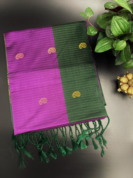 Rani Pink Dupion Silk Saree and Green Border with Mango buttas