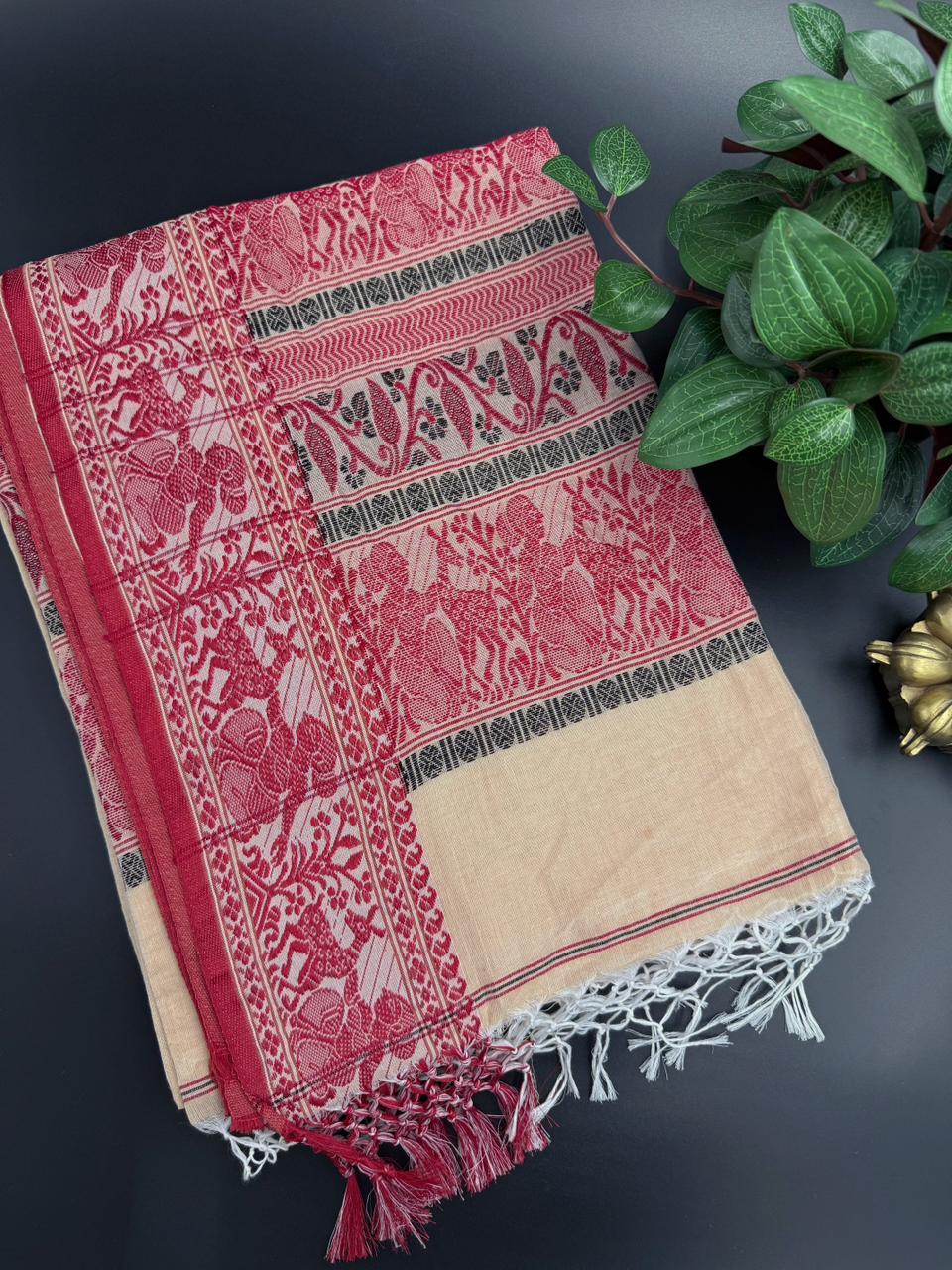 Baluchari Cream Saree with Traditional Red Border
