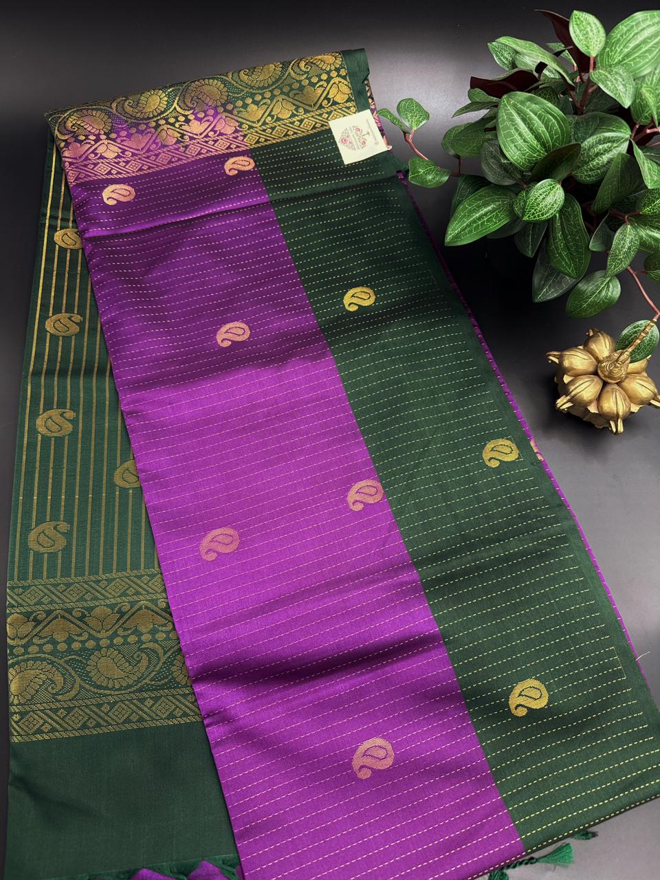 Rani Pink Dupion Silk Saree and Green Border with Mango buttas