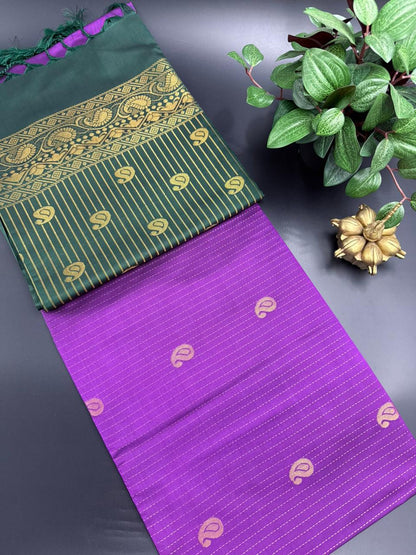 Rani Pink Dupion Silk Saree and Green Border with Mango buttas