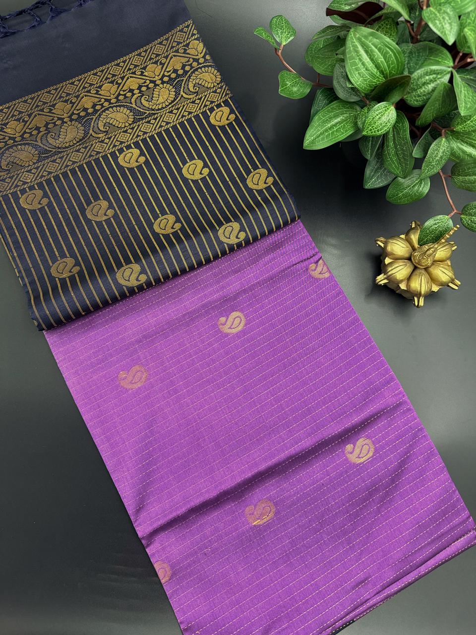 Purple Dupion Silk Saree and Navy Blue Border with Mango buttas