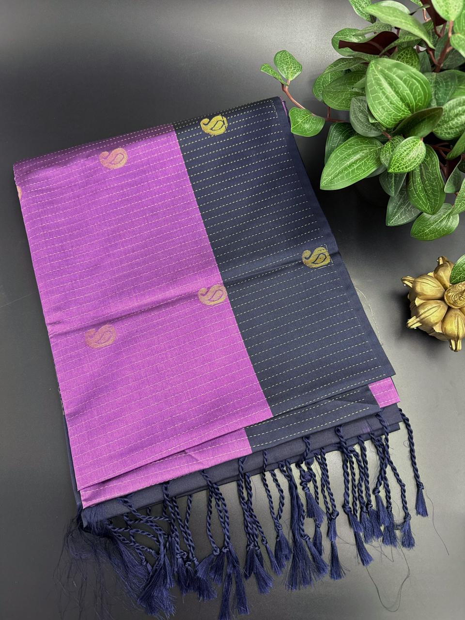 Purple Dupion Silk Saree and Navy Blue Border with Mango buttas