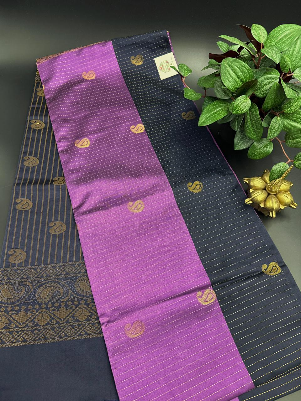 Purple Dupion Silk Saree and Navy Blue Border with Mango buttas