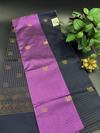 Purple Dupion Silk Saree and Navy Blue Border with Mango buttas