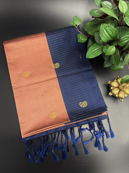 Peach Colour Dupion Silk Saree and Navy Blue Border with Mango buttas