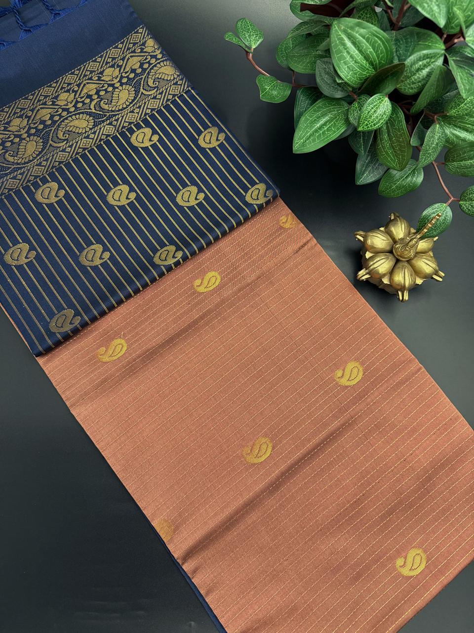 Peach Colour Dupion Silk Saree and Navy Blue Border with Mango buttas
