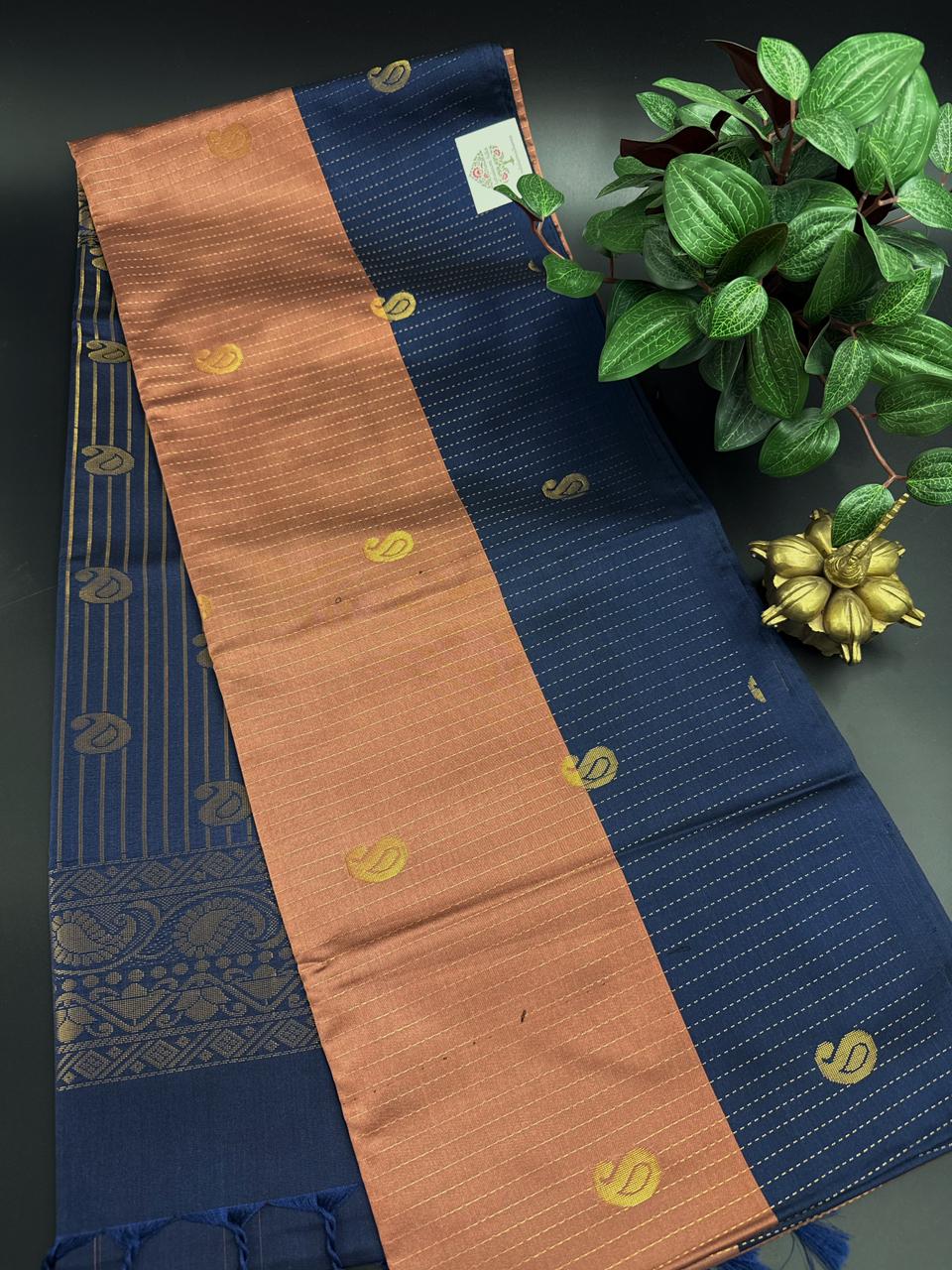 Peach Colour Dupion Silk Saree and Navy Blue Border with Mango buttas