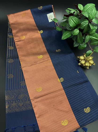 Peach Colour Dupion Silk Saree and Navy Blue Border with Mango buttas