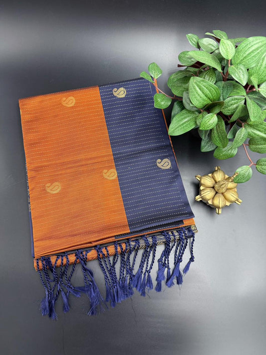 Rustic Orange Dupion Silk Saree and Navy Blue Border with Mango buttas