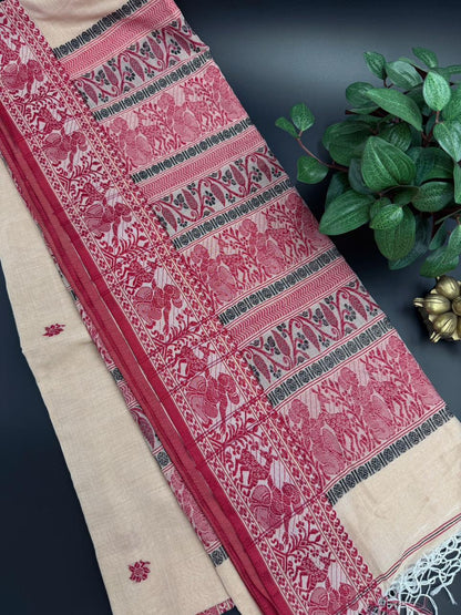 Baluchari Cream Saree with Traditional Red Border