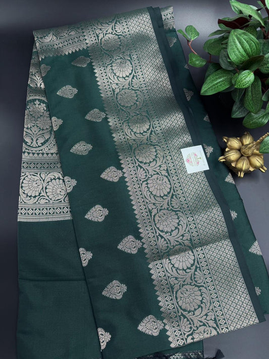 Muga Silk Dark Green with Golden Zari Border
