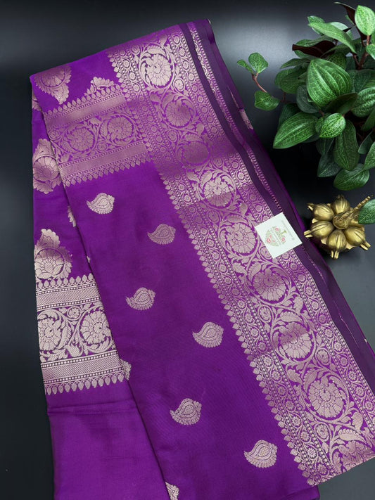 Muga Silk Purple Saree with Golden Zari Border