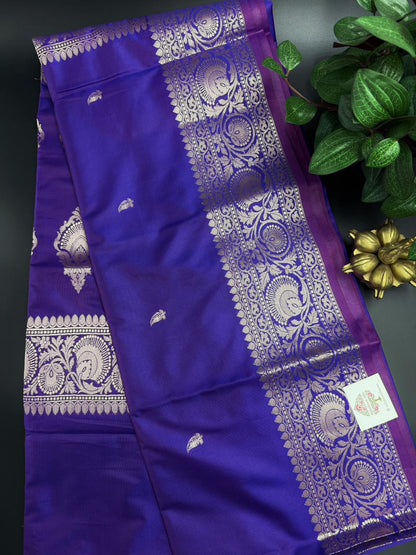 Muga Silk Royal Blue Saree with Pink and Golden Zari Border
