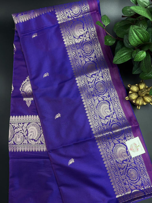 Muga Silk Royal Blue Saree with Pink and Golden Zari Border