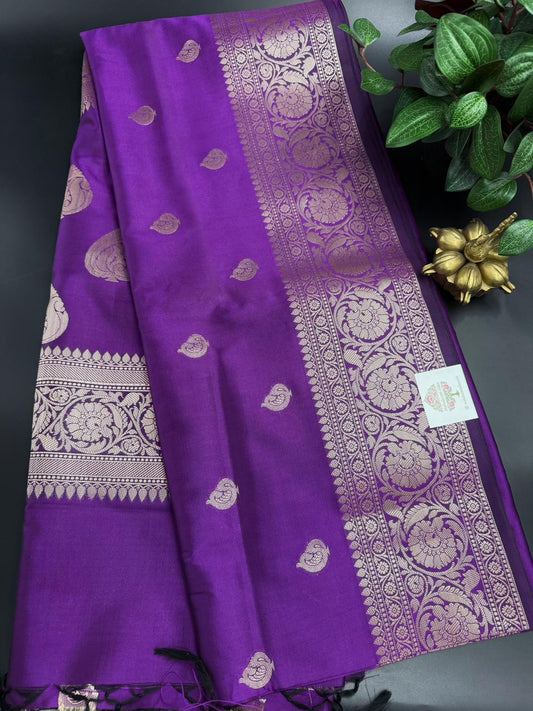Muga Silk Purple Saree with Roze Golden Zari Border