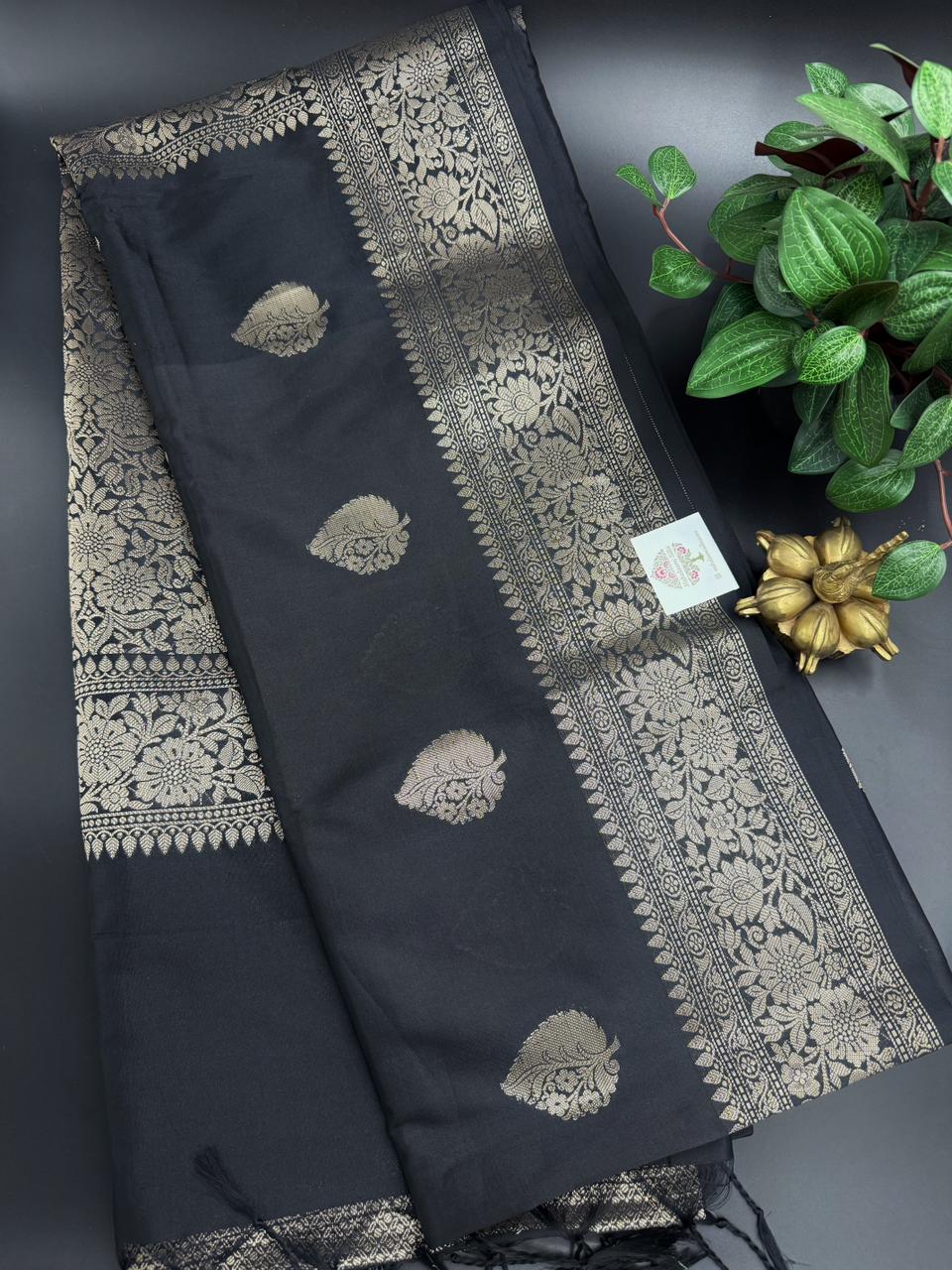 Muga Silk Black Saree with Copper Zari Border