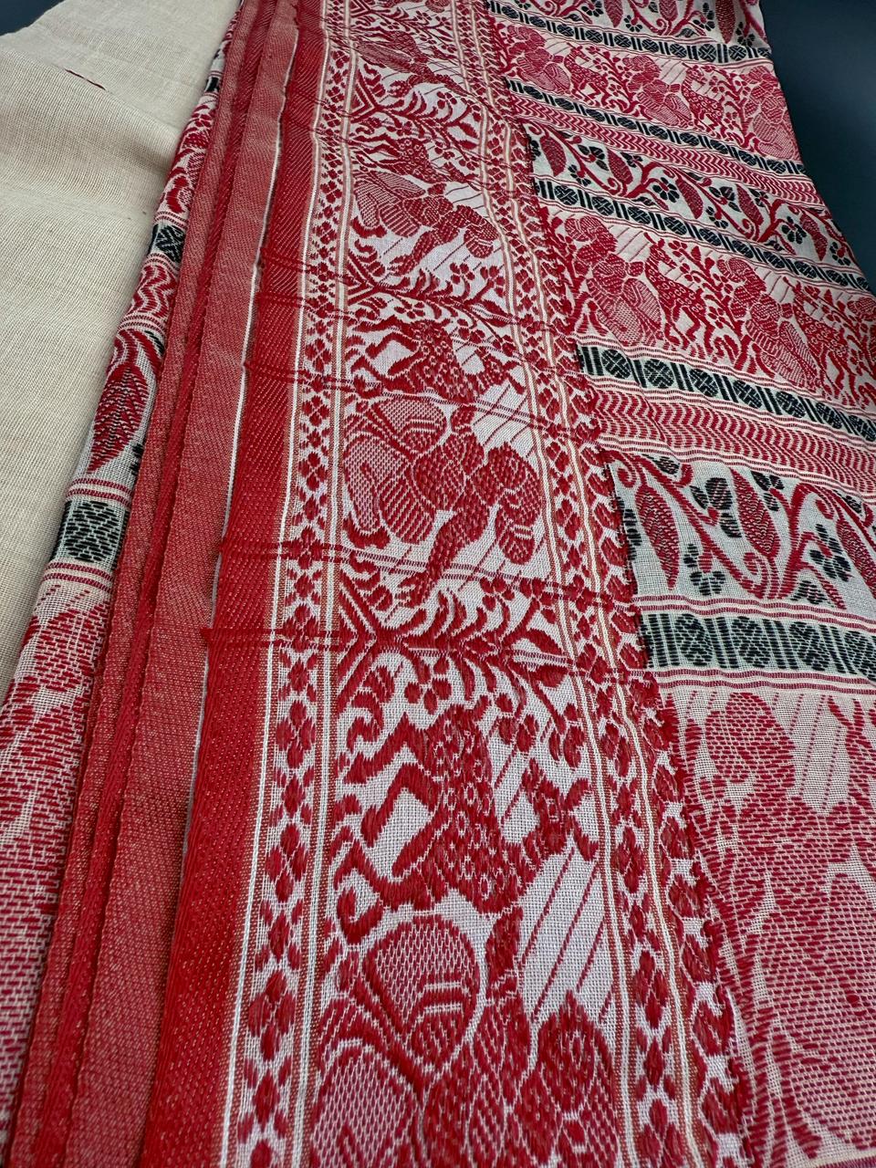 Baluchari Cream Saree with Traditional Red Border