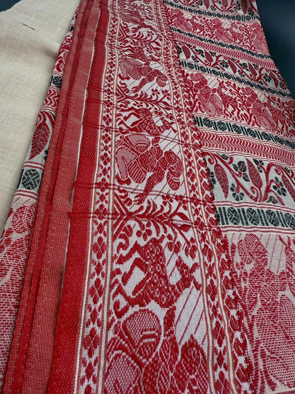 Baluchari Cream Saree with Traditional Red Border