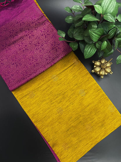 Golden Yellow Dupion Silk Saree and Pink Border with Flower buttas