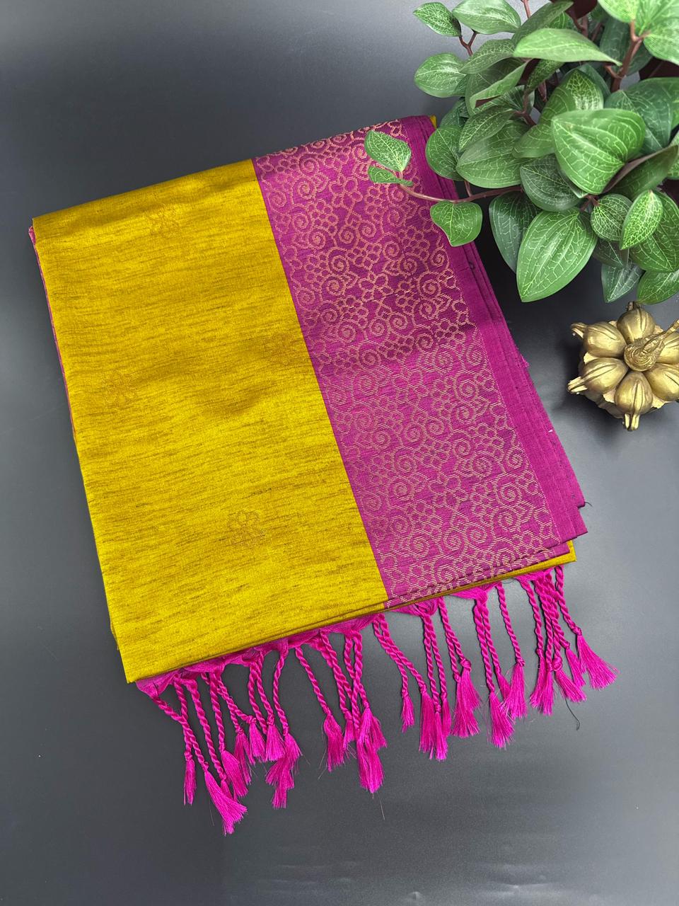 Golden Yellow Dupion Silk Saree and Pink Border with Flower buttas