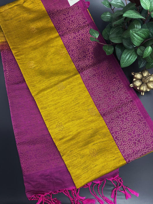 Golden Yellow Dupion Silk Saree and Pink Border with Flower buttas