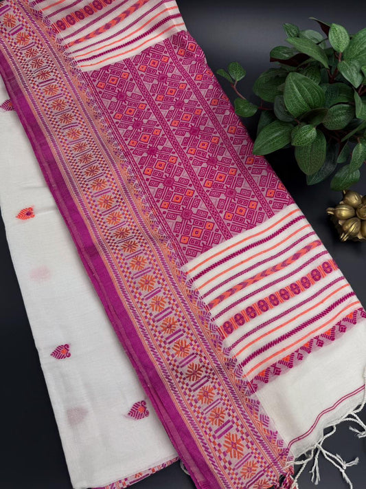 Bengal Cotton Saree with Traditional Pink Border
