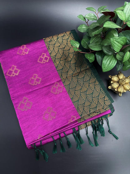 Rani Pink Dupion Silk Saree and Green Border