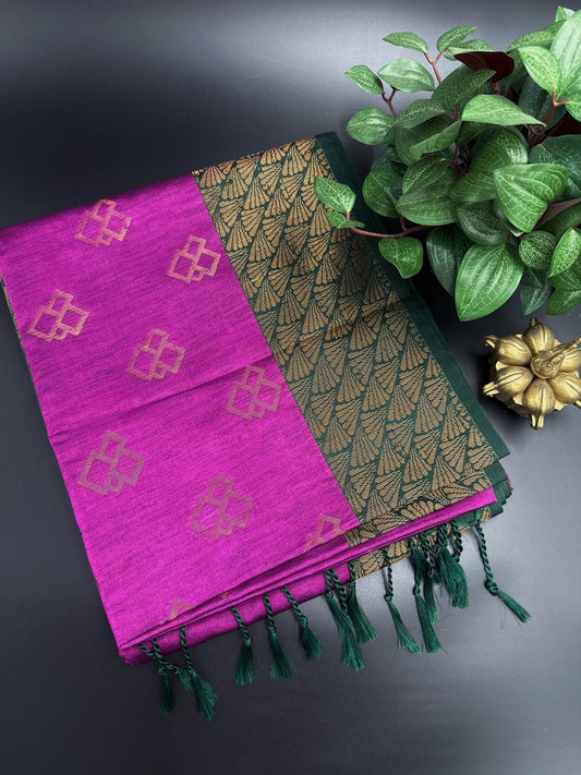 Rani Pink Dupion Silk Saree and Green Border