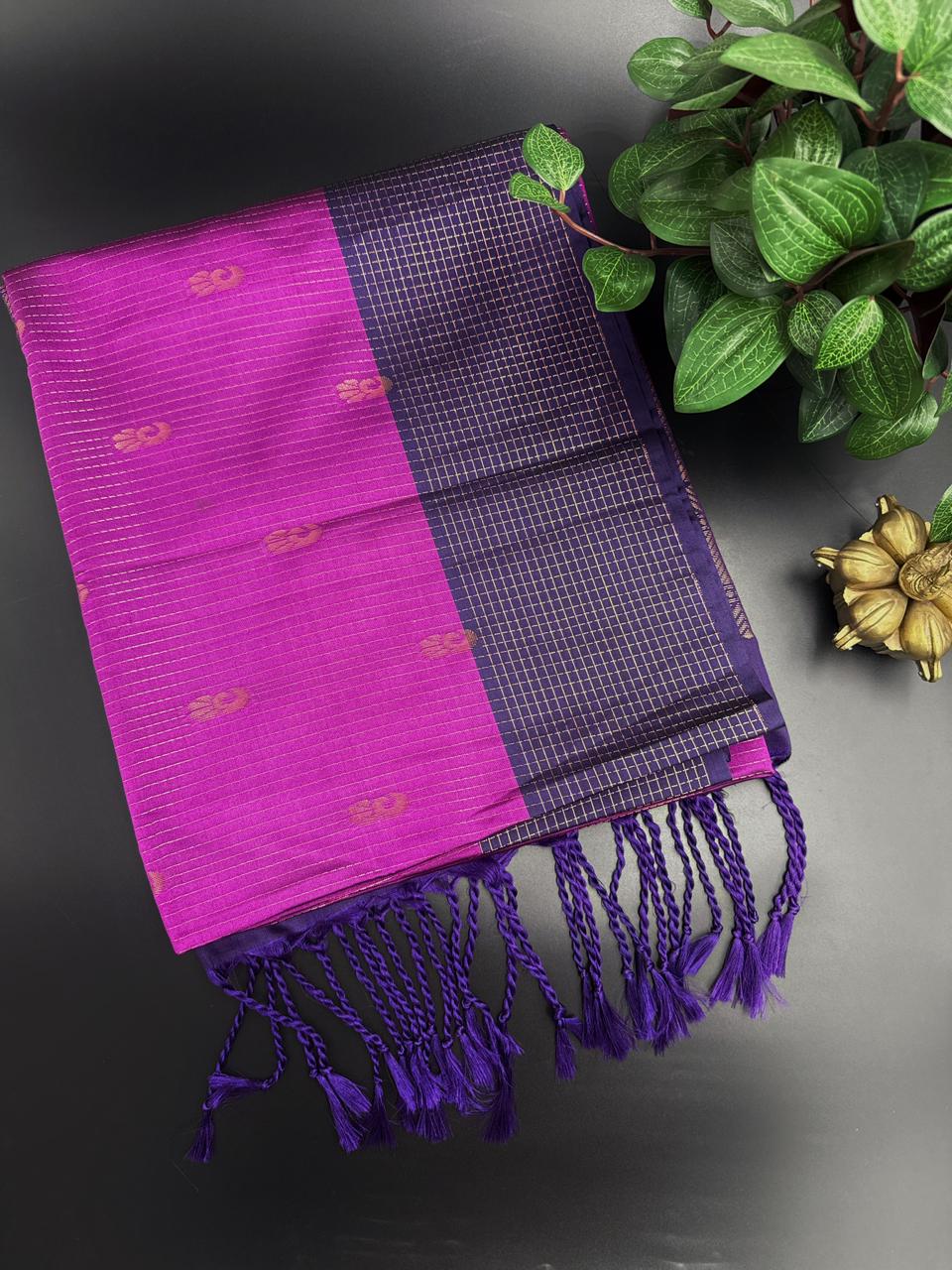 Rani Pink Dupion Silk Saree and Navy Blue Border