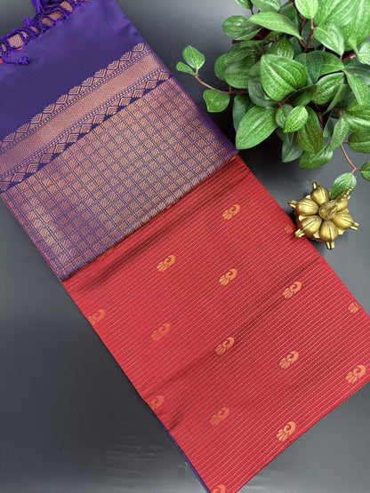 Red Dupion Silk Saree and Navy Blue Border