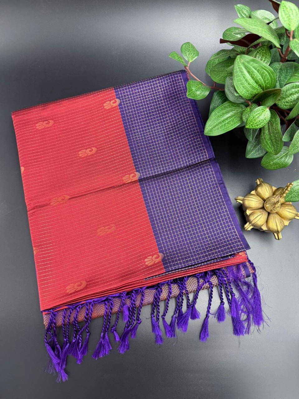 Red Dupion Silk Saree and Navy Blue Border