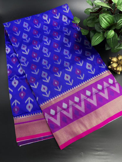 Royal Blue Pochampalli Blended Silk Saree with a Pink Zari Border