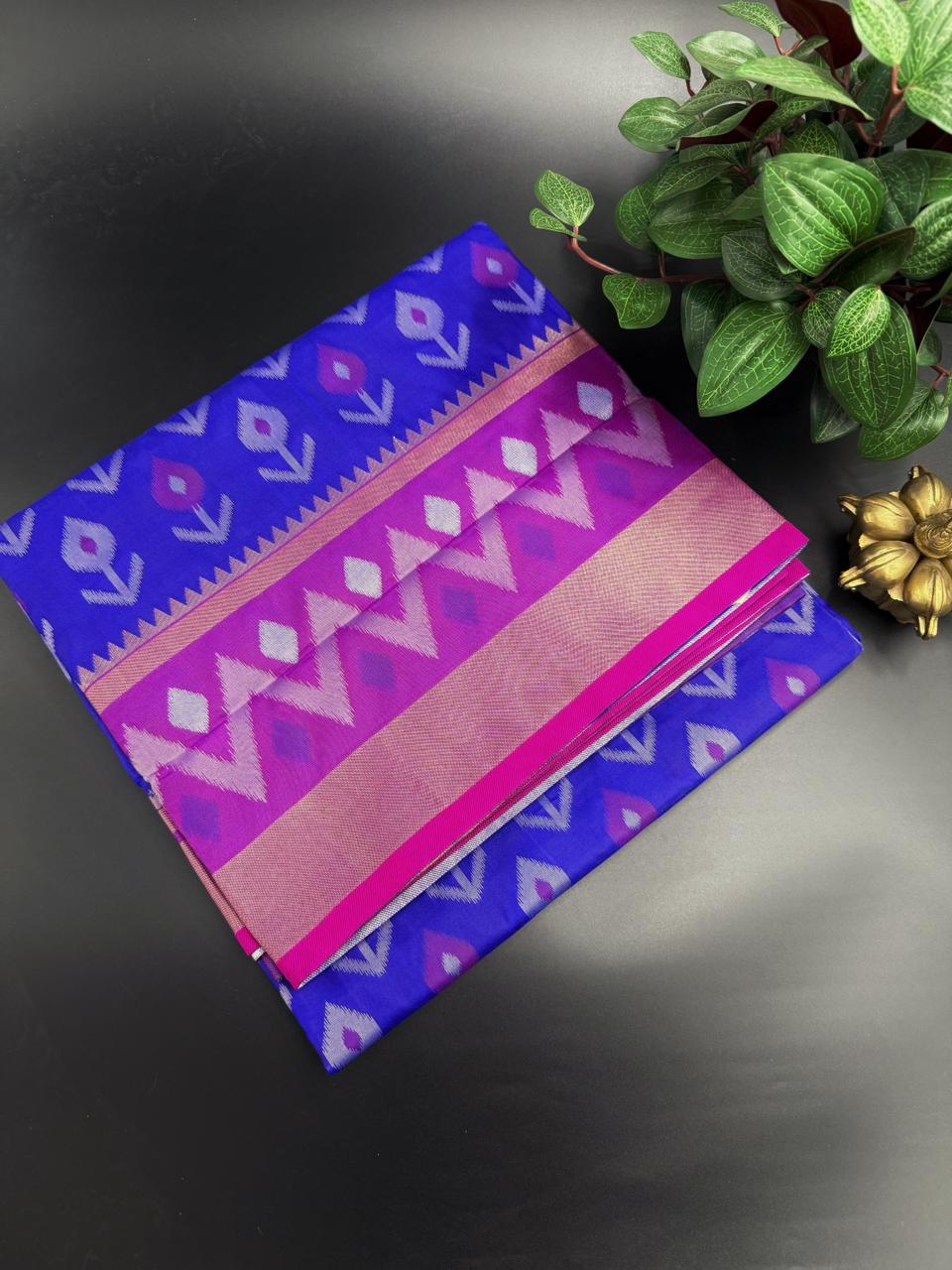 Royal Blue Pochampalli Blended Silk Saree with a Pink Zari Border