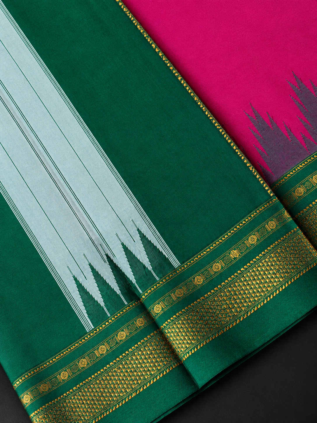 Magenta Temple Gadhwal Saree with Green Border