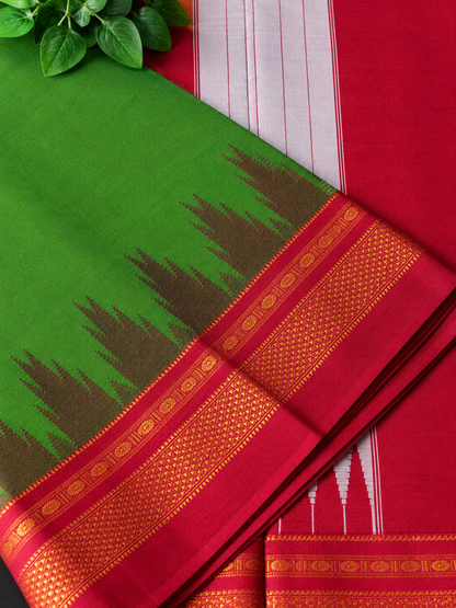 Green Temple Gadhwal Saree with Maroon Border