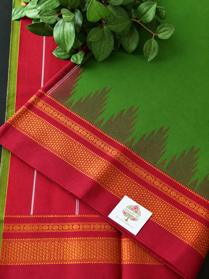 Green Temple Gadhwal Saree with Maroon Border