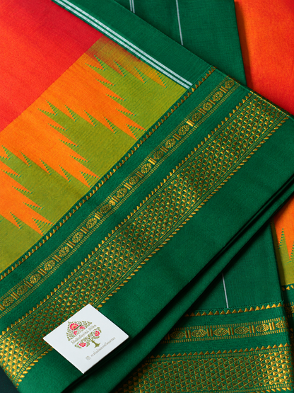 Orange Temple Gadhwal Saree with Green Border