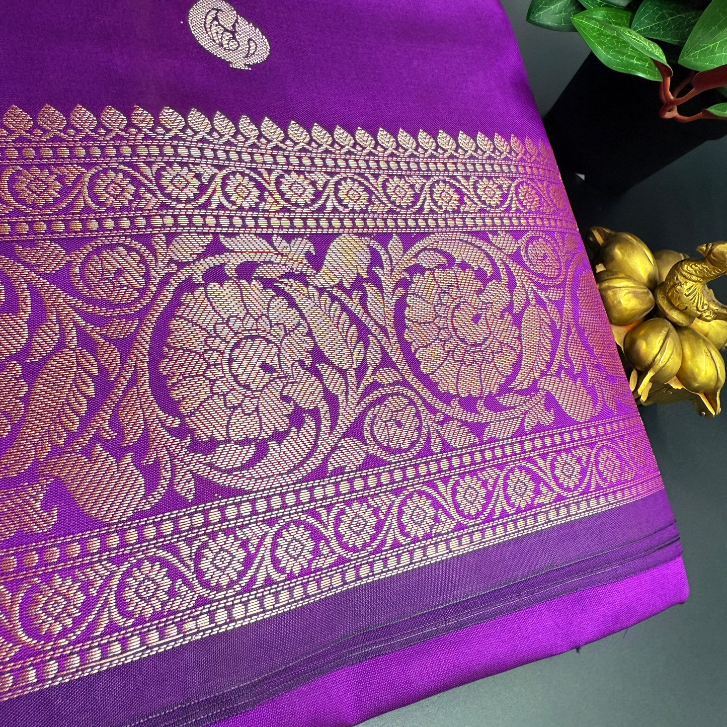 Muga Silk Purple Saree with Roze Golden Zari Border