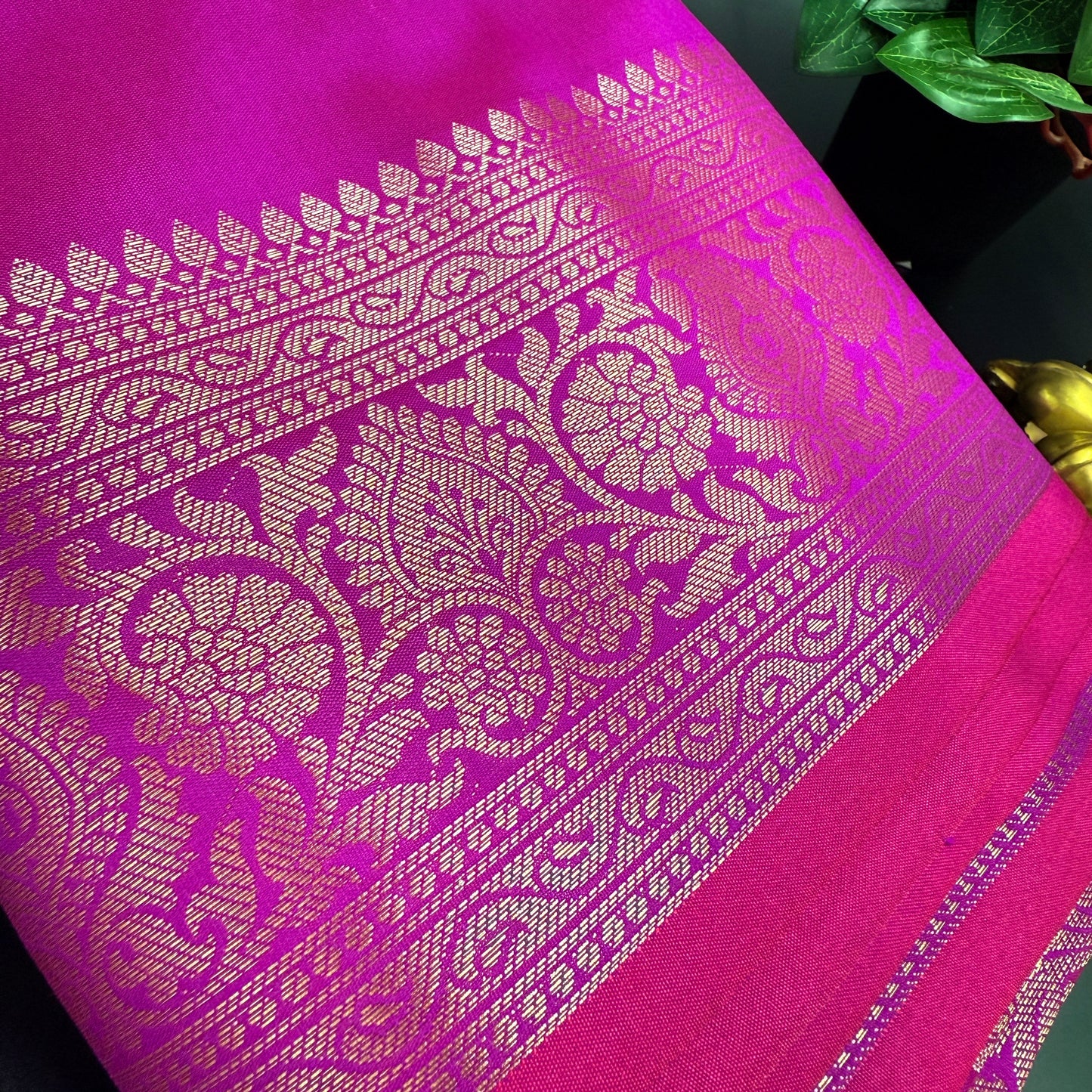 Muga Silk Rani Pink Saree with Golden Zari Border