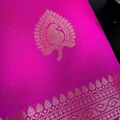 Muga Silk Rani Pink Saree with Golden Zari Border