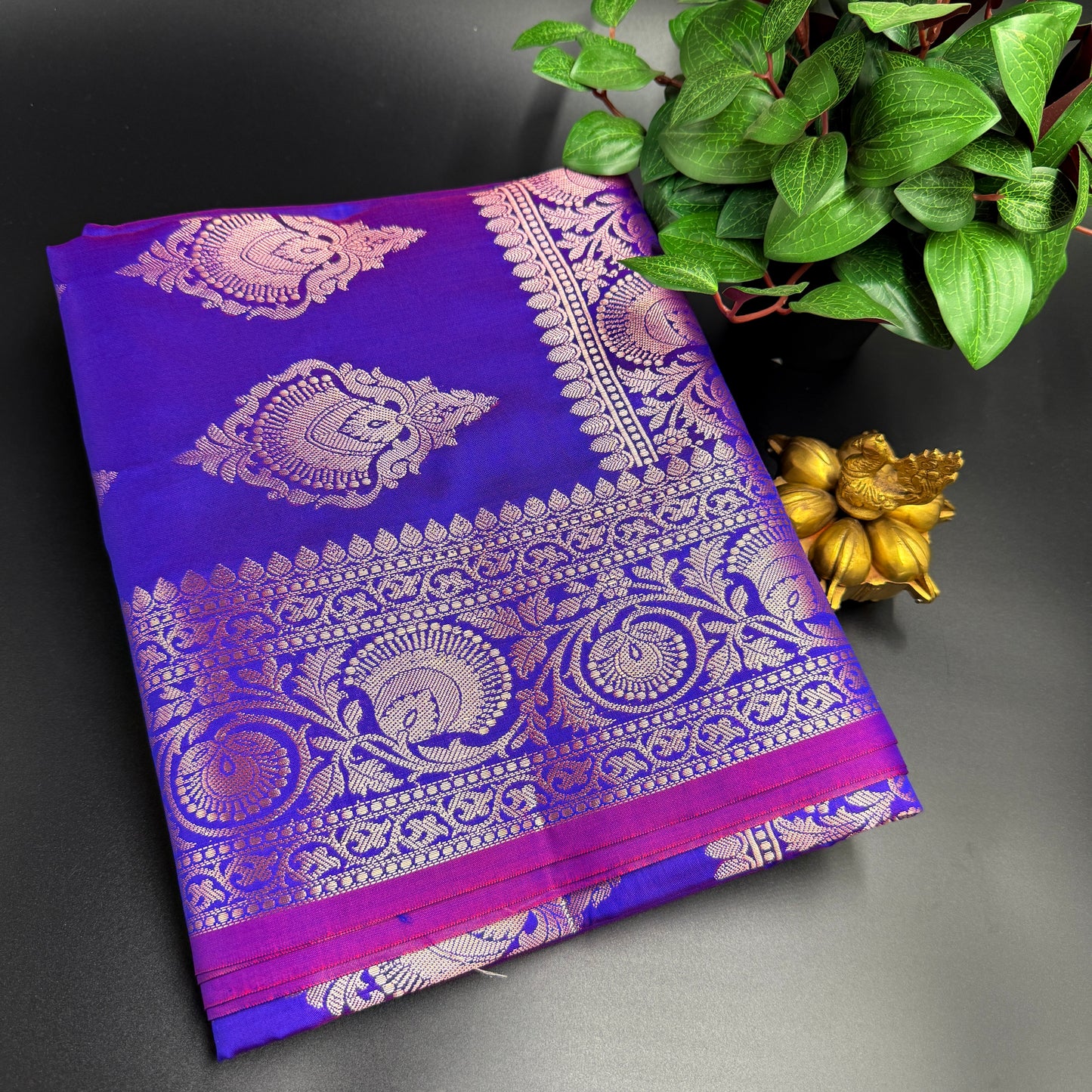 Muga Silk Royal Blue Saree with Pink and Golden Zari Border