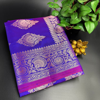 Muga Silk Royal Blue Saree with Pink and Golden Zari Border