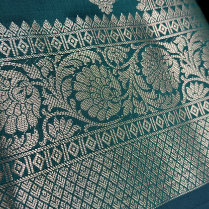 Muga Silk Dark Green with Golden Zari Border