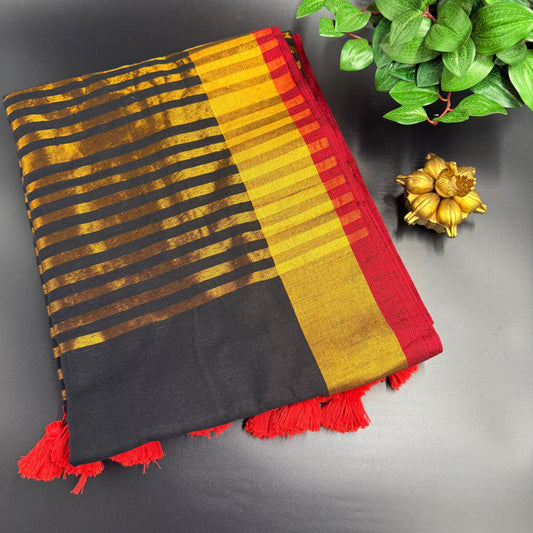 Black Linen Saree With Golden Zari Border