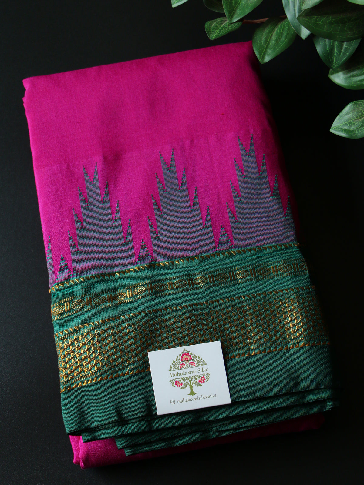 Magenta Temple Gadhwal Saree with Green Border